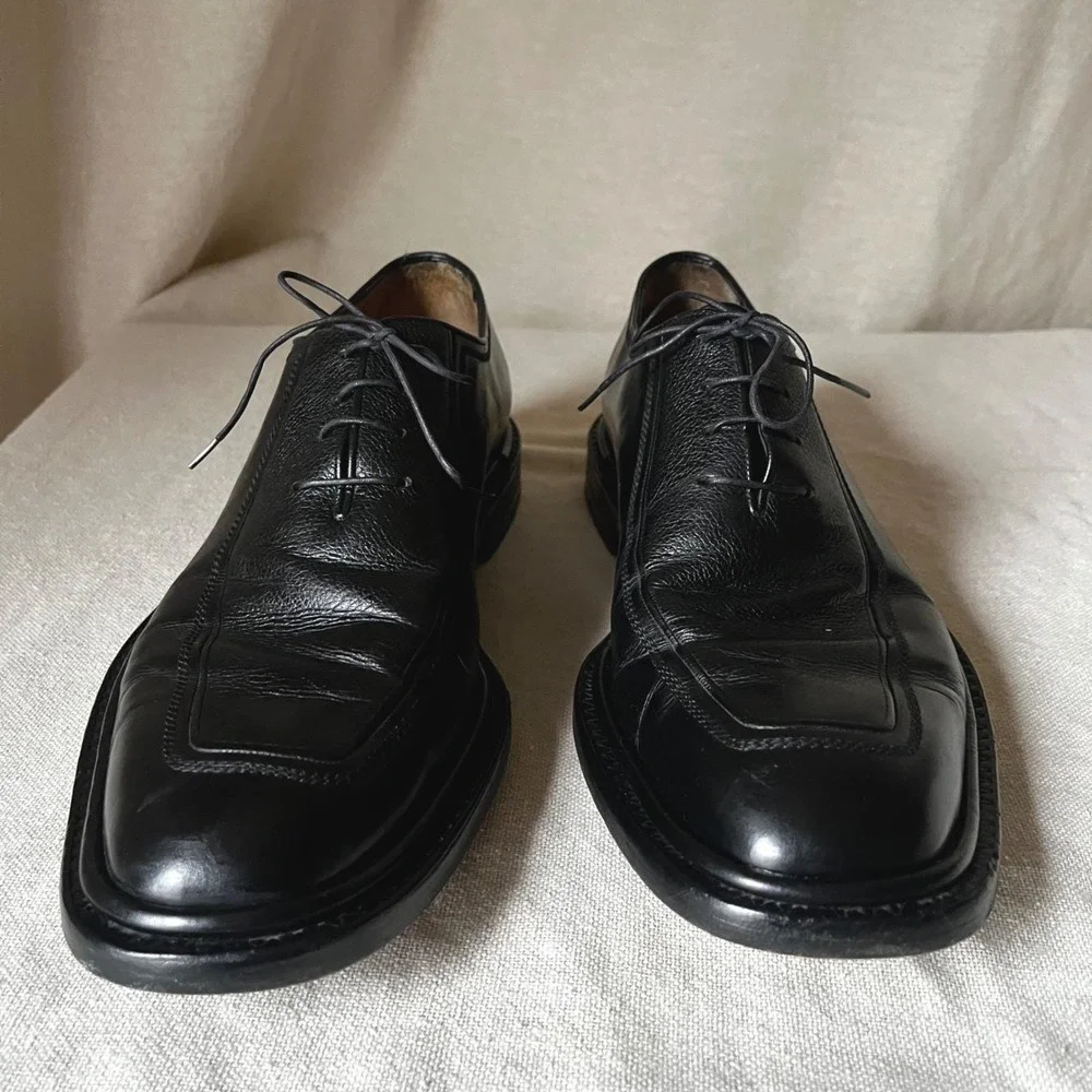 A. Testoni Black Leather Apron Toe Oxford Dress Shoes‎ Sz 10M Italy